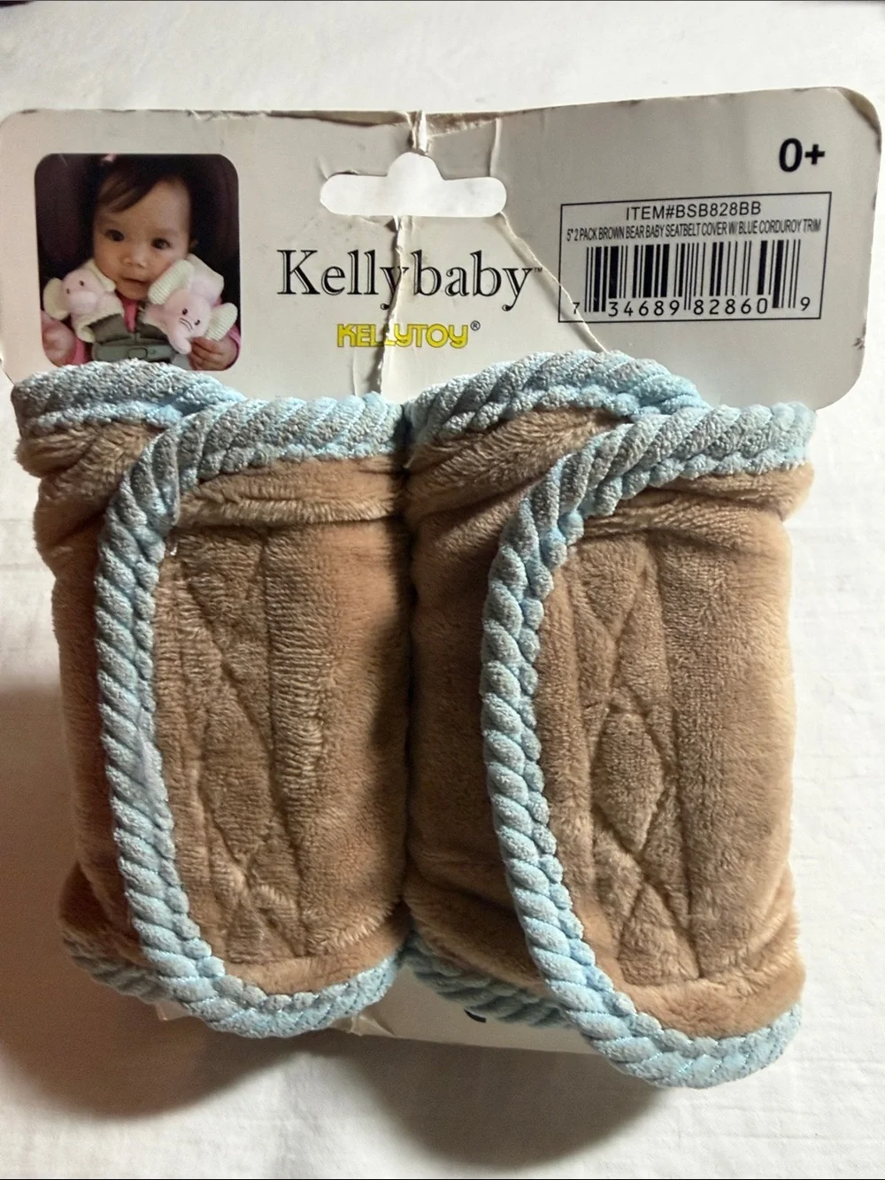 Plush Brown Bear Car Seat Belt Covers - Blue Trim (2 Pack)